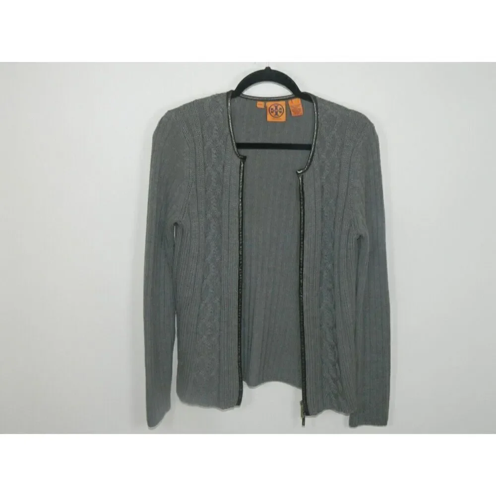 Tory Burch Sweater Cardigan Size Large Gray Wool‎ Leather Trim Round Neck Zip Up